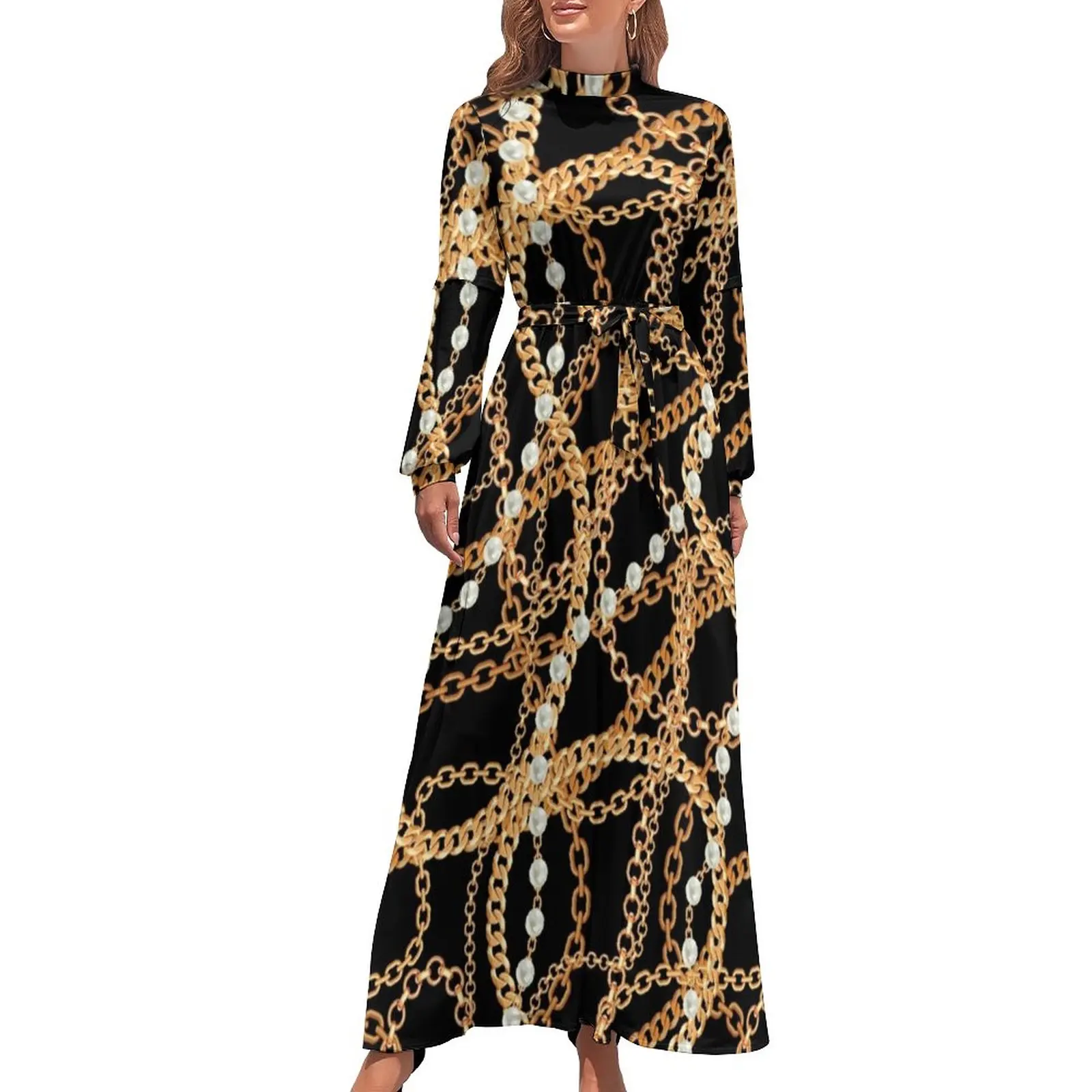 

Chain Print And Pearls Dress High Waist Gold Link Printed Bohemia Dresses Long Sleeve Casual Long Maxi Dress Sexy Clothes