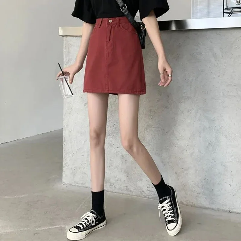 Dame classique Version coréenne Wrap hanche robe 2025 été femme vin rouge mince jean jupe femmes mode Slim Fit Denim jupe courte