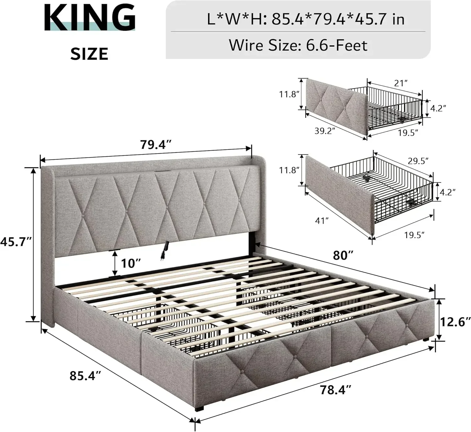 Upholstered Platform Bed Frame with Charging Station, Modern Wingback Storage Headboard