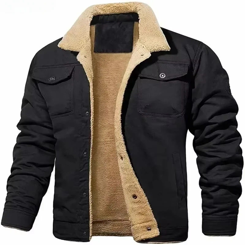 

Winter Mens Bomber Jacket High-quality Male Plush Thicken Wool Jacket Mens Lapel Embroidery Thick Warm Cargo Coats Men Clothing