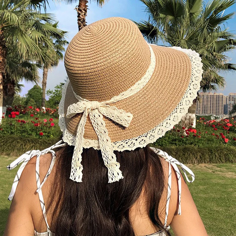 Summer Lace Bow Straw Hat For Women Wide Brim Handmade Woven Panama Hats Female Lady Travel Beach Breathable Anti-UV Sun Hats