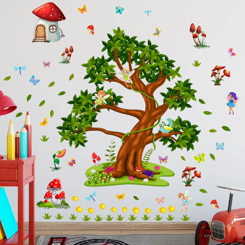 Big Tree Mushroom Elf Butterfly Wall Sticker DIY Background Wall Living Room Bedroom Home Decorat Sticker Waterproof Antifouling