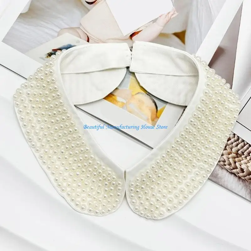 E56A White Beaded Collar Elegant Detachable Sweater Collar Fashionable Women Collar