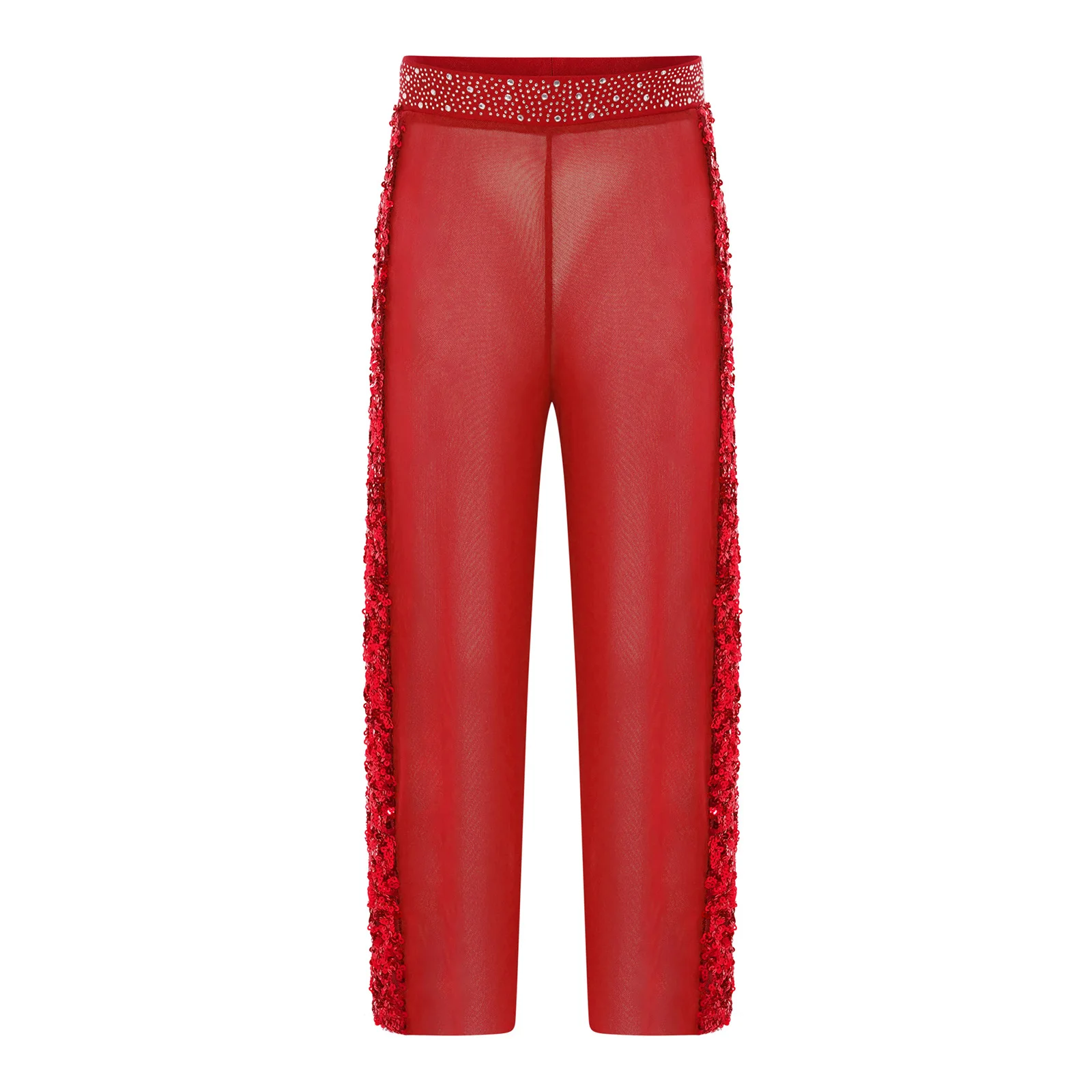 

Kids Girls Jazz Ballet Dance Pants Figure Skating Pants Sequins Sheer Mesh Shiny Rhinestones Elastic Waist Wide-Leg Trousers