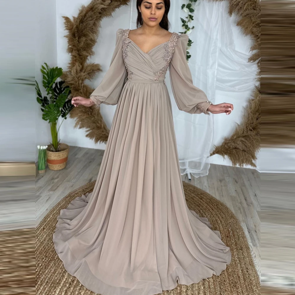 

Carolina V-Neck Chiffon Evening Dresses 2023 Saudi Arabia Women Puffy Sleeves Pleated Wedding Guest Elegant Formal Party Gowns