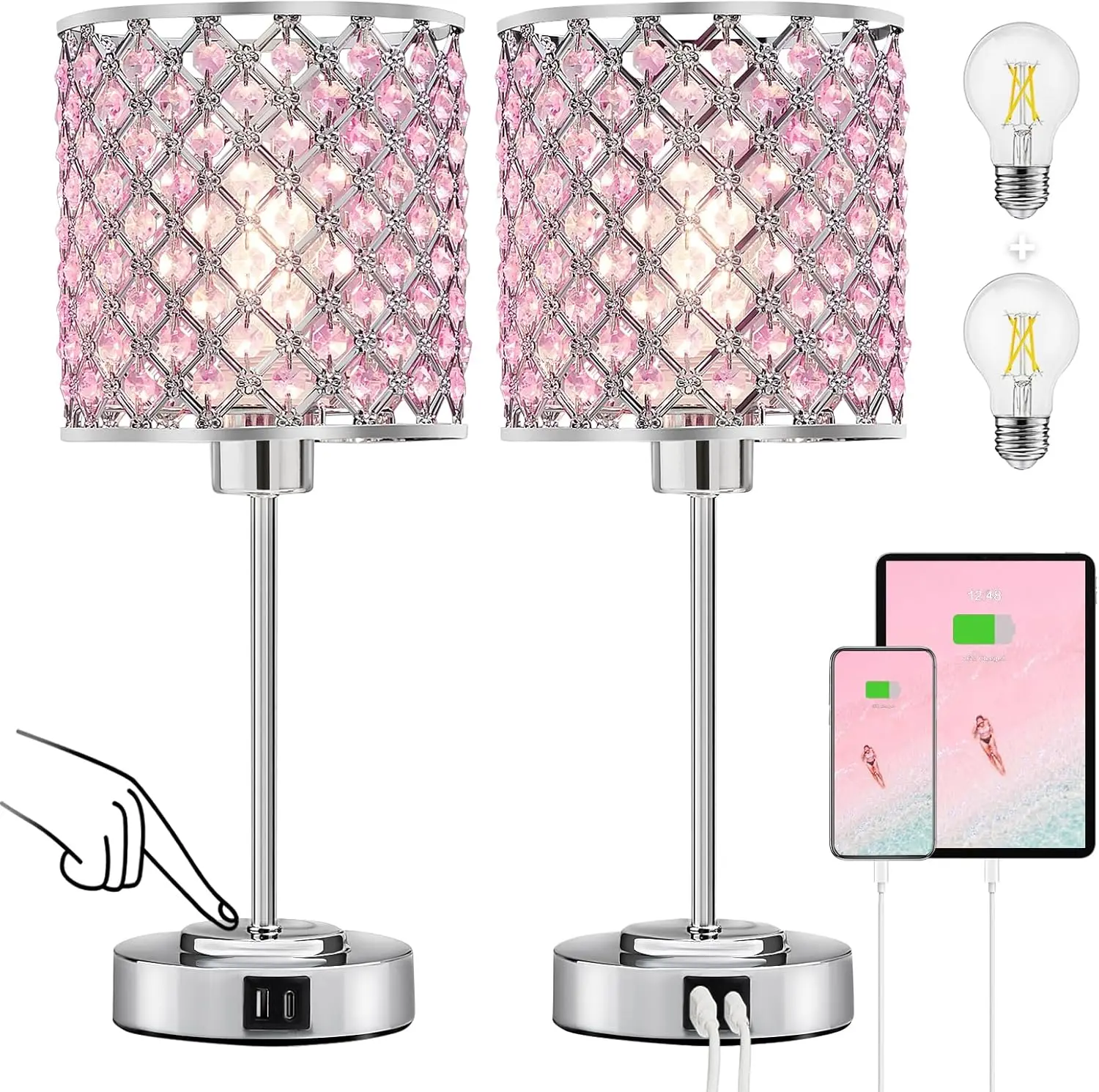 

Crystal Table & Bedside 3-Way Dimmable Touch Nightstand Pink Accent Lamp - Usb Charge, Ideal For Bedroom, Living Room & Office