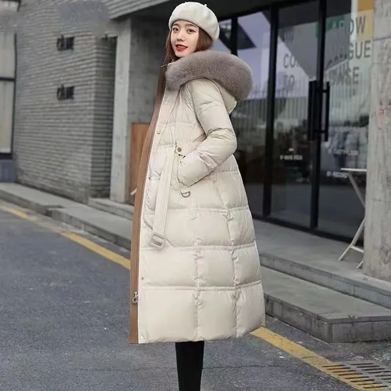 New Women\'s Large Hair-Collar Down Jacket Long Winter Coat Female Korean White Duck Down Coats Snow Hooded Parker Overcoat Black