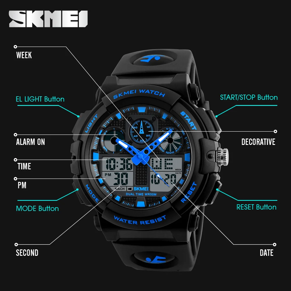 SKMEI Large Dial Wristwatch Fashion Double Time Display Digital Electronic Watches For Men Women Chrono Alarm Watch reloj hombre