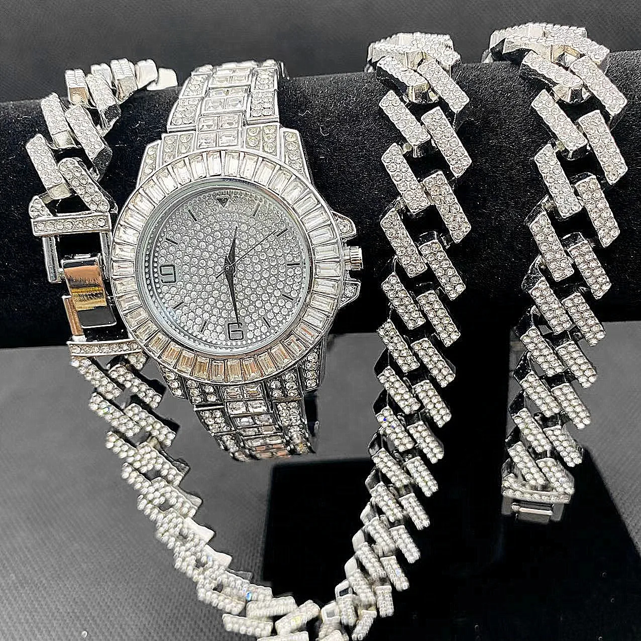 3PCS Hip Hop Jewelry Set Mens Women Iced Out Watch Necklaces Bracelet Bling Diamond Cubana Chains Charms Choker Gold Watch