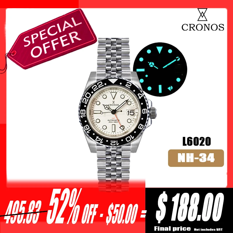 Cronos GMT Automatic Man Watch Bidirectional Bezel Sapphire 20 ATM NH34 Solid 5 links Metal Bracelet BGW-9 Lum lateast Version