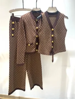 Nuevo traje de pantalón de estilo francés para mujer, Top de punto Jacquard + chaleco + pantalón largo, conjuntos de suéter elegante e informal de tres piezas de alta calidad