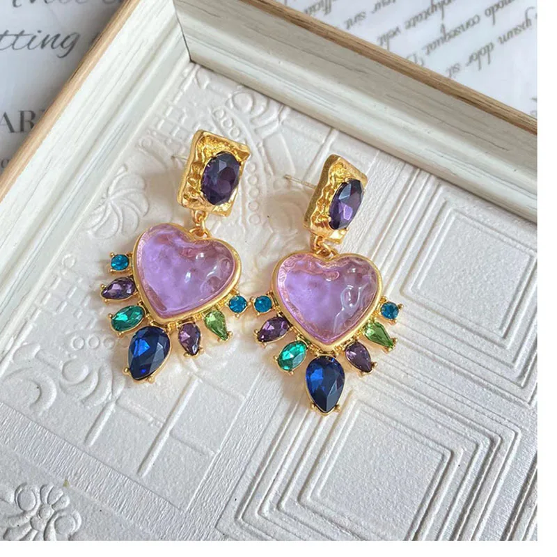 

Original Vintage Style Luxury Heart Shape Topaz Gems Stud Earring Purple Blue CZ Crystal Heart Ear Studs Female Earrings Jewelry