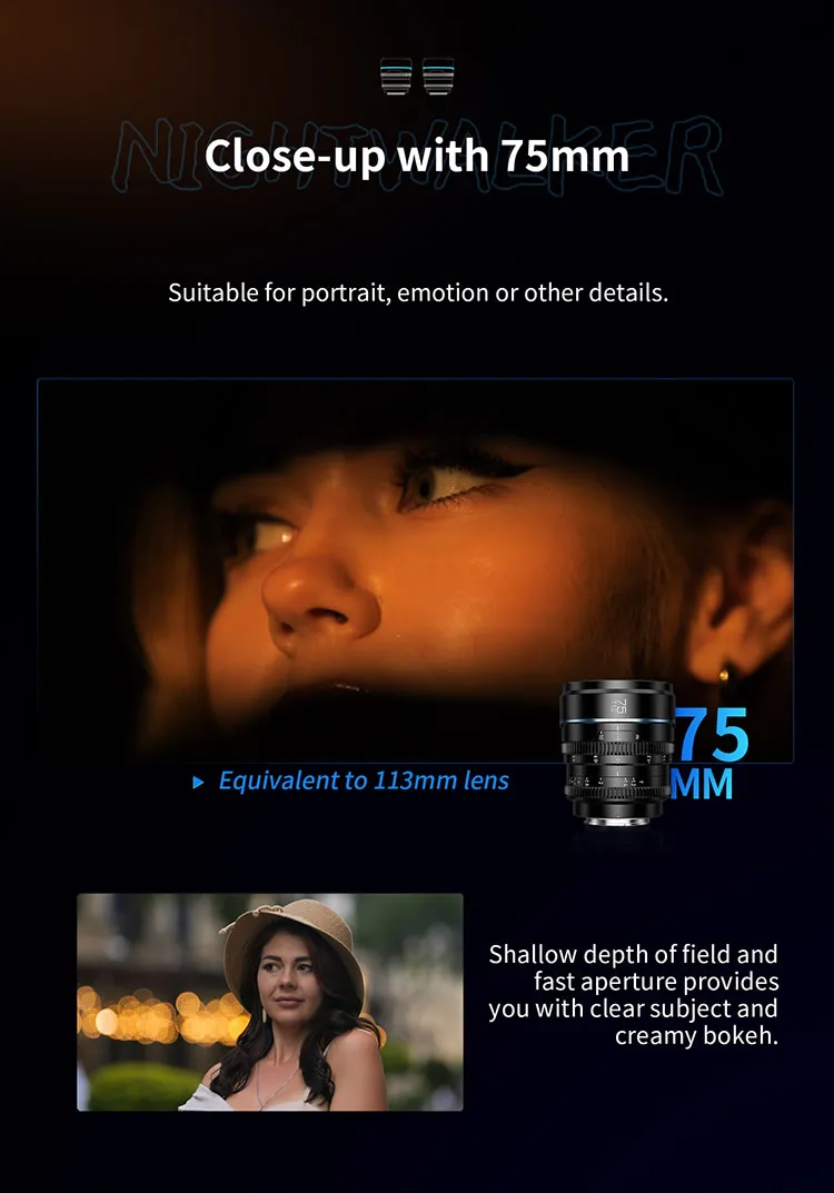 SIRUI Night Walker T1.2 S35 Cine-Objektiv 16mm, 24mm, 35mm, 55mm, 75mm Große Blendenöffnung Manuelles Fokus-Objektiv – Detail 4
