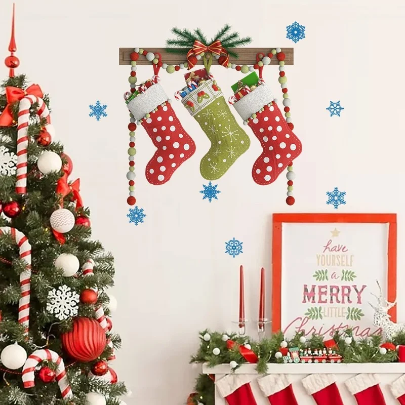 New Christmas Stocking Wall Stickers Decoration Cartoon Christmas Removable Static Stickers Holiday Party Decor Props