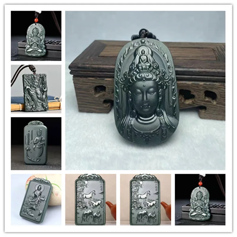 Hotan Three-Dimensional With Bottle , Green Jade Guanyin Pendant Necklace Men