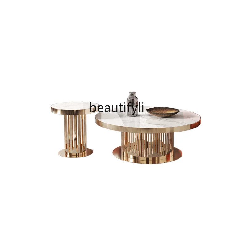 

Light Luxury Rock Plate round Coffee Table Modern Home Small Apartment Creative Designer Stainless Steel Size round Combination