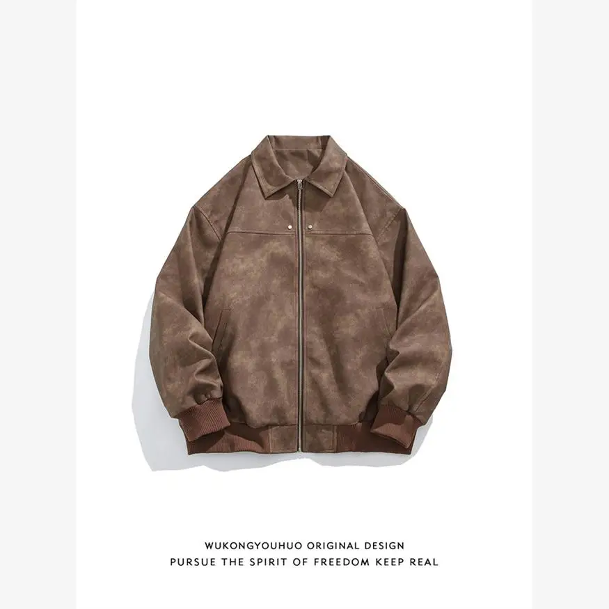 

American Retro Suede Leather Jaet Collar Coat ex Spring Autumn High Sensation Couple Casual Jaet Youth ular Sle