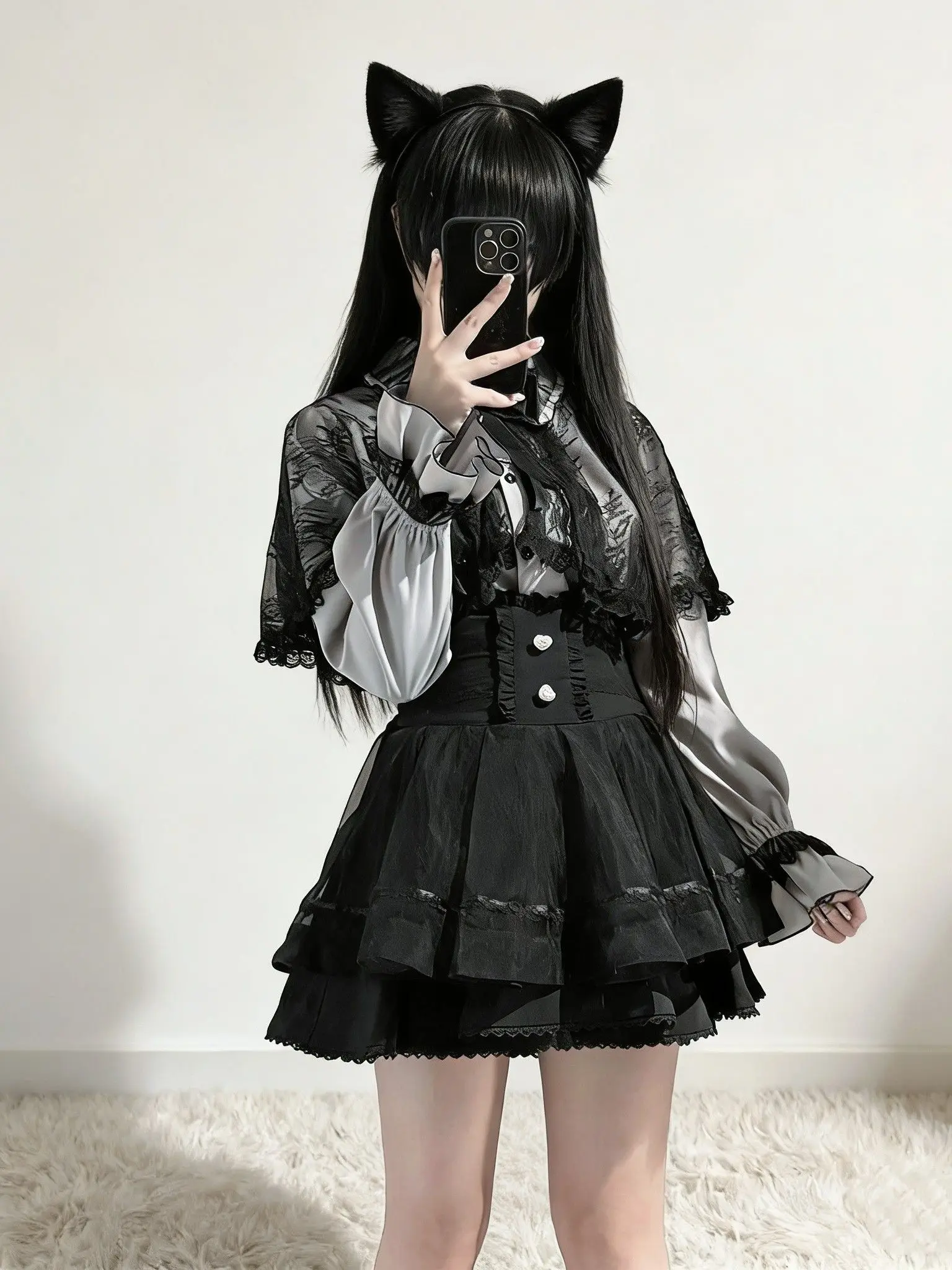 Japanese Girl Style Set Dress Women's School Misses Clothing Lace Cloak Shirt High Waist Puffy Short Skirt Two-Piece Set