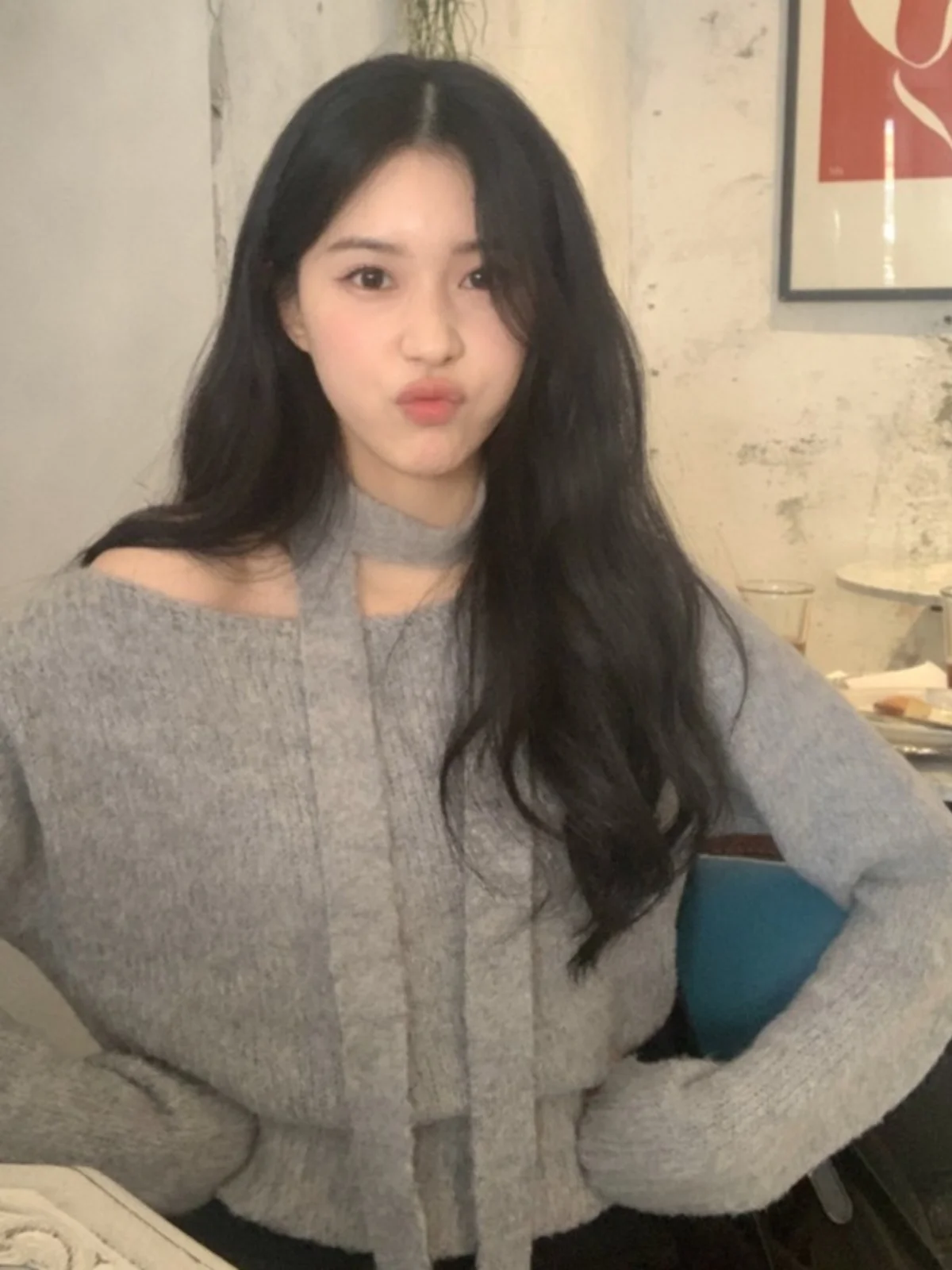 Ele หลวมถักเสื้อกันหนาวผู้หญิงเกาหลี Sle ขี้เกียจ Faion หนึ่งไหล่เสื้อสวมหัวยาว Sve เสื้อสีบริสุทธิ์