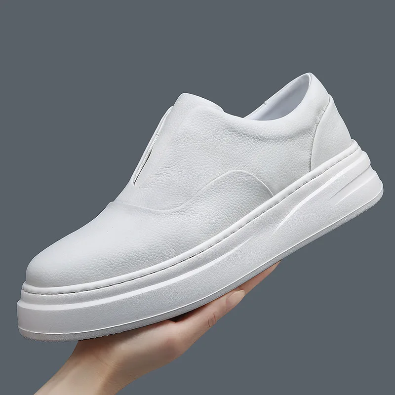 Korean style mens casual original leather shoes slip-on flats platform shoe black white designer sneakers trendy summer footwear