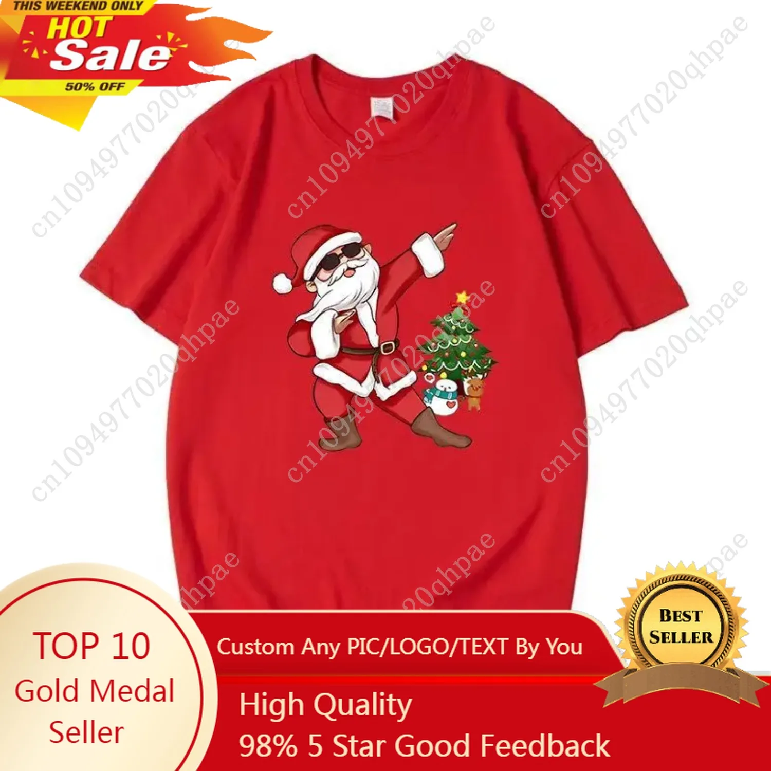 

Red Christmas Theme Santa Claus Short-Sleeve T-Shirt 2026 Stylish Christmas Reindeer Top for Auspicious Year