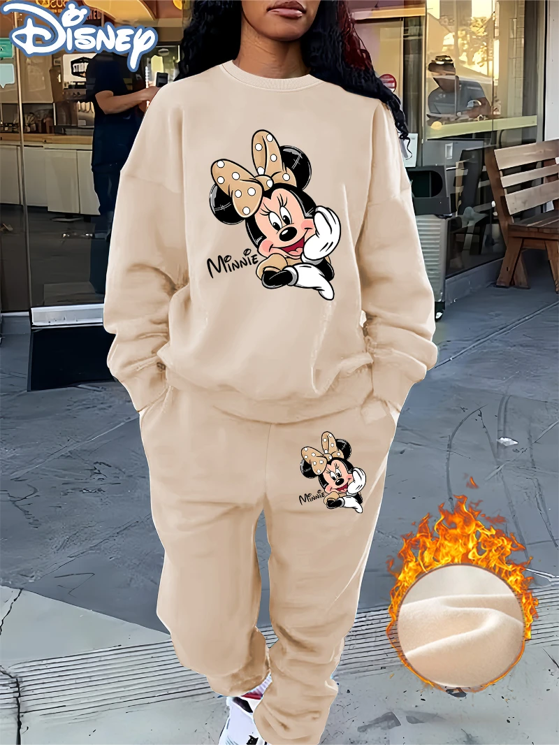 طقم سويت شيرت وسروال نسائي مكون من قطعتين من Potdemiel innie Mouse باللون الأسود مع فيونكة وردية مبطنة بالصوف، ملابس كاجوال للخريف/الشتاء #3