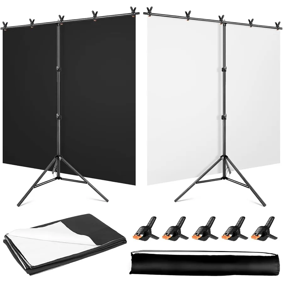 

Black White Backdrop Screen with Stand Kit 5x6.5ft for Photo Video Studio 2in1 Revisible Black Backdrop White Screen with TShap