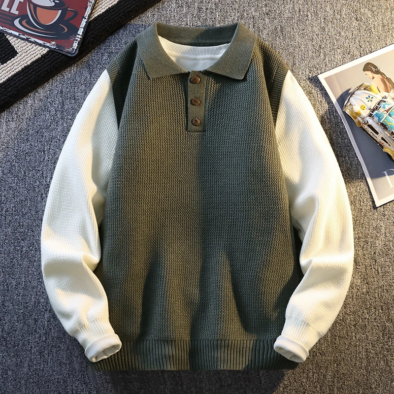 

Color Blocked Fake Two-piece College Style Knitted Sweater Autumn Winter Korean Men's Lapel Clothing 2025 Thick Warm Men's Top