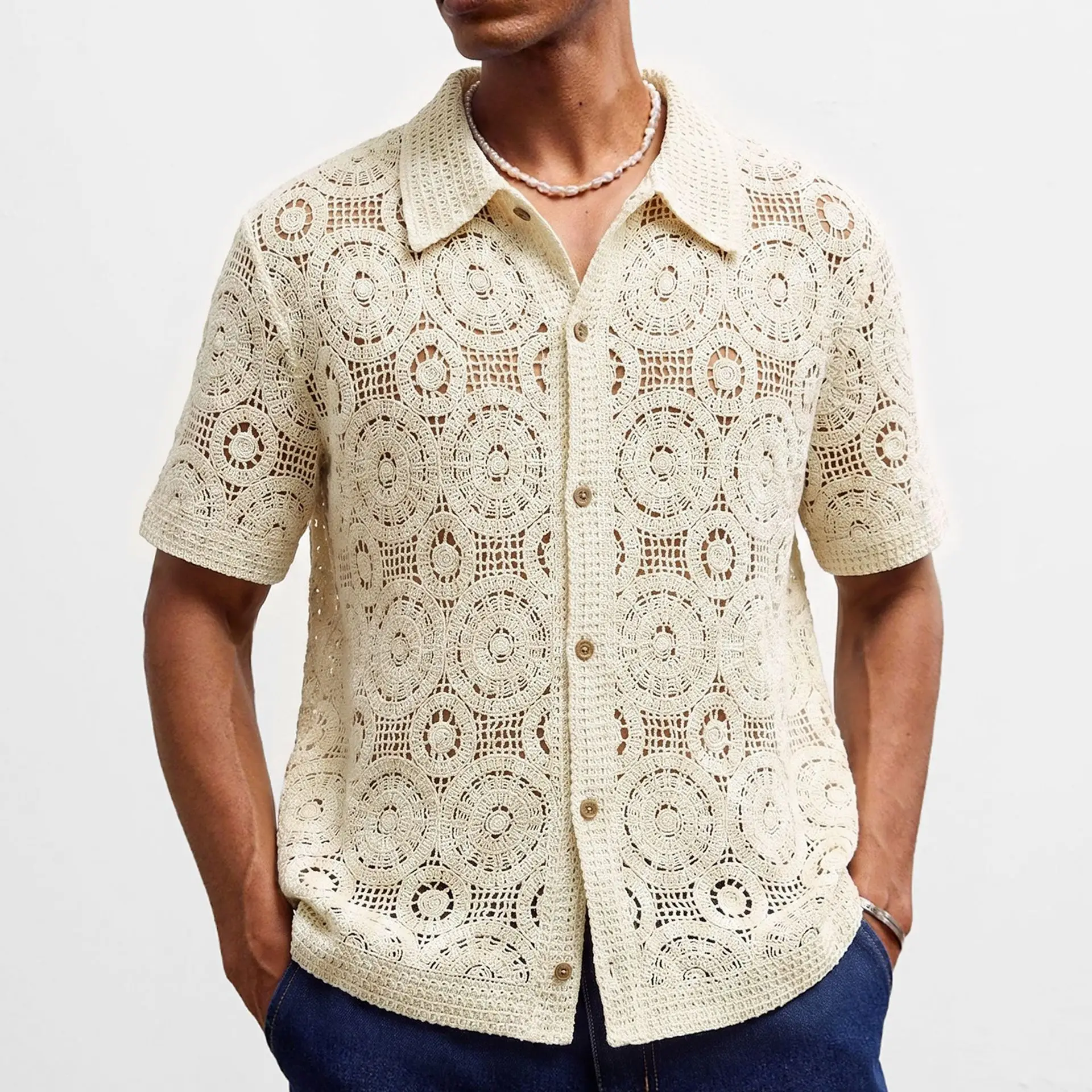Men's luxury pure cotton hollow crochet knit shirt, summer breathable short sleeved cardigan, polo shirt, men's top