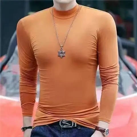 Fashion Autumn Winter Solid Stretch Turtleneck Stylish Slim Fit Long Sleeve Men\'s Luxury Golf WearT-Shirt Casual Normal Shirt