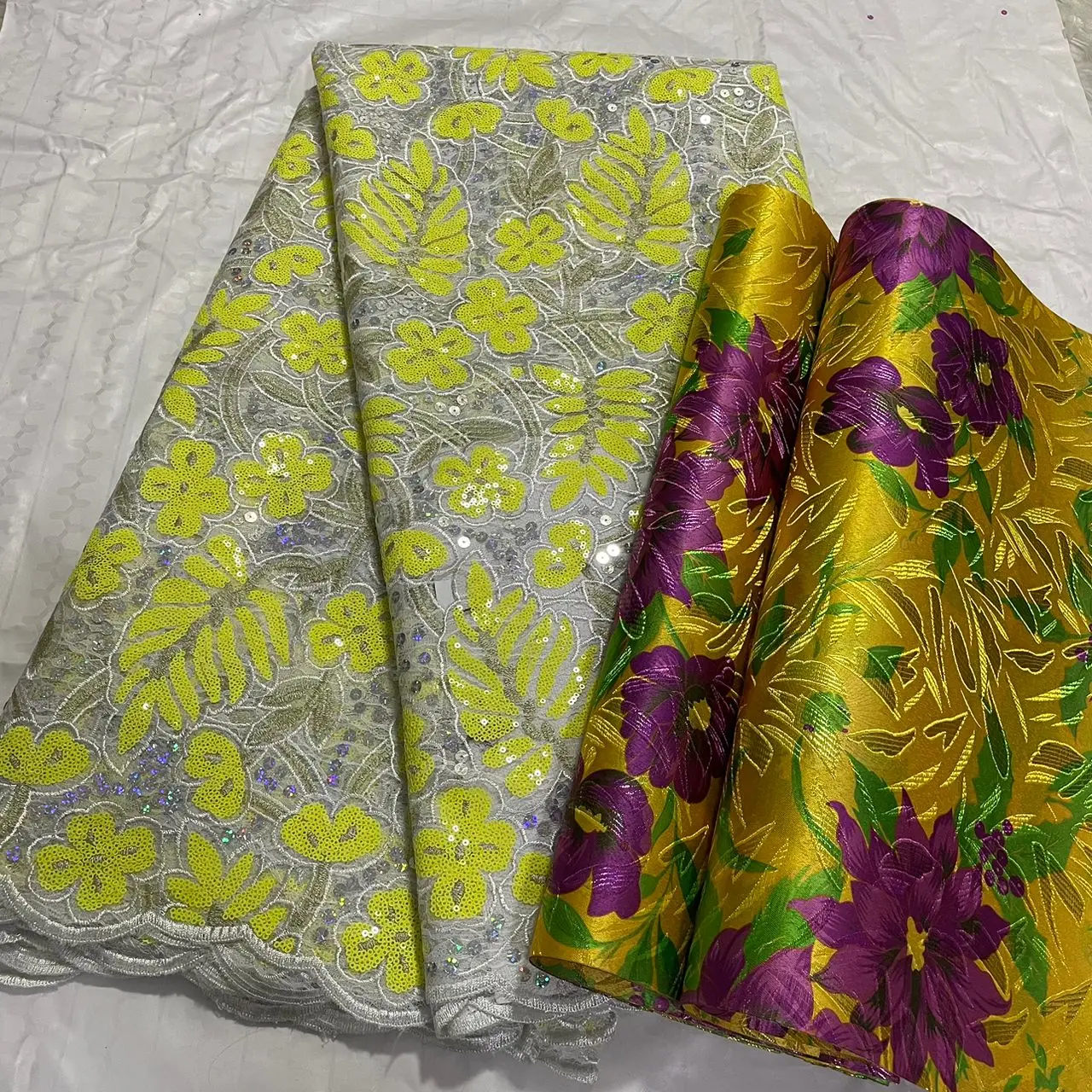 

Nigerian Sequins Lace Fabric, African Guipure Cord Lace Material, 5Yards, Matching Sego Headtie, Embroidery, Newest, 2Pcs