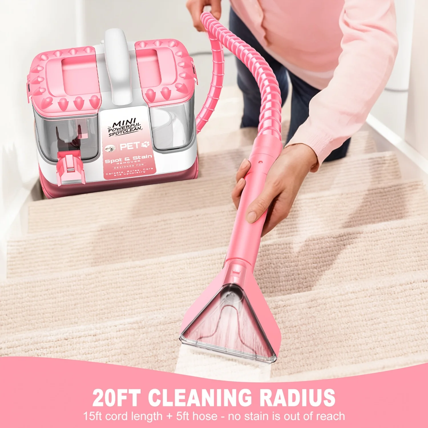 32KPa Powerful Carpet Cleaner Machine for Home, Portable Upholstery Cleaner with 5-in-1 Cleaning Tools, Deep Stain Remover for Rugs, Couches, Car Interiors, Pet Hair & Stairs view 6