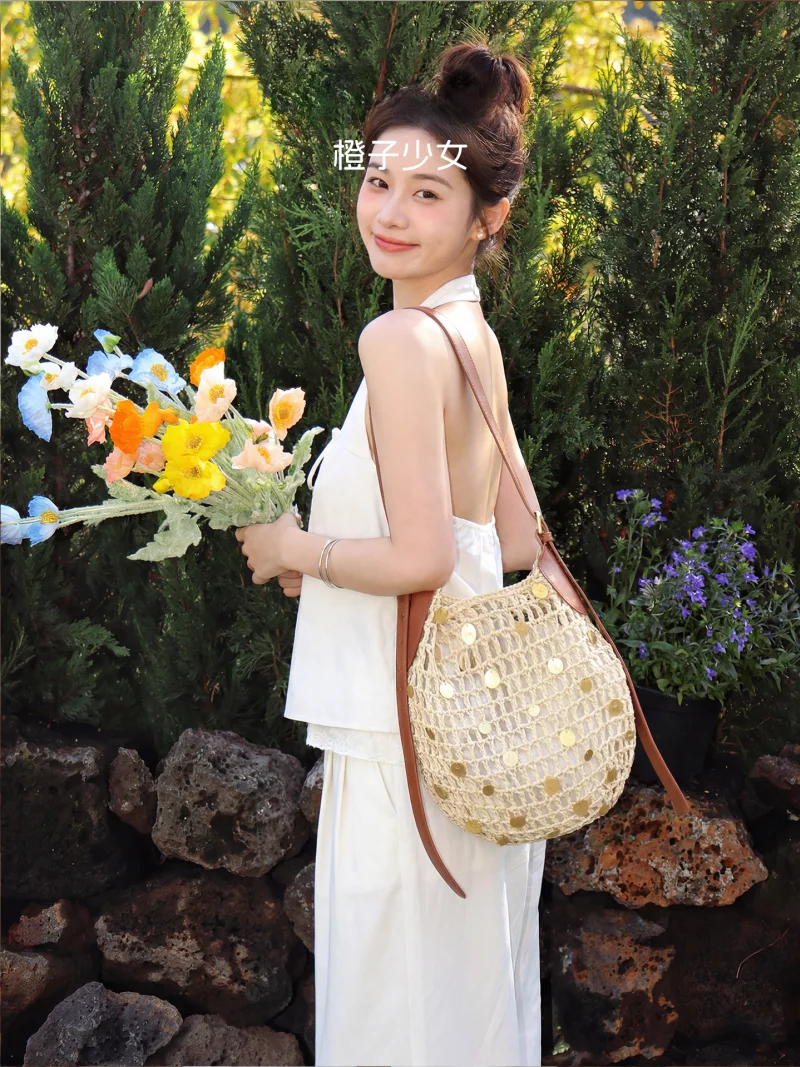 

Orange Girl Vacation Style Straw Woven Bag Women's Single Shoulder Tote Bag Large Capacity Glitter Weaving Bag Lazy Beach Bag