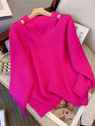 plus Size Women's V-Neck Knitted Base Shirt Spring New Style Loose Conceal Belly Meat Hide Top Comfortable Korean Style Long ...