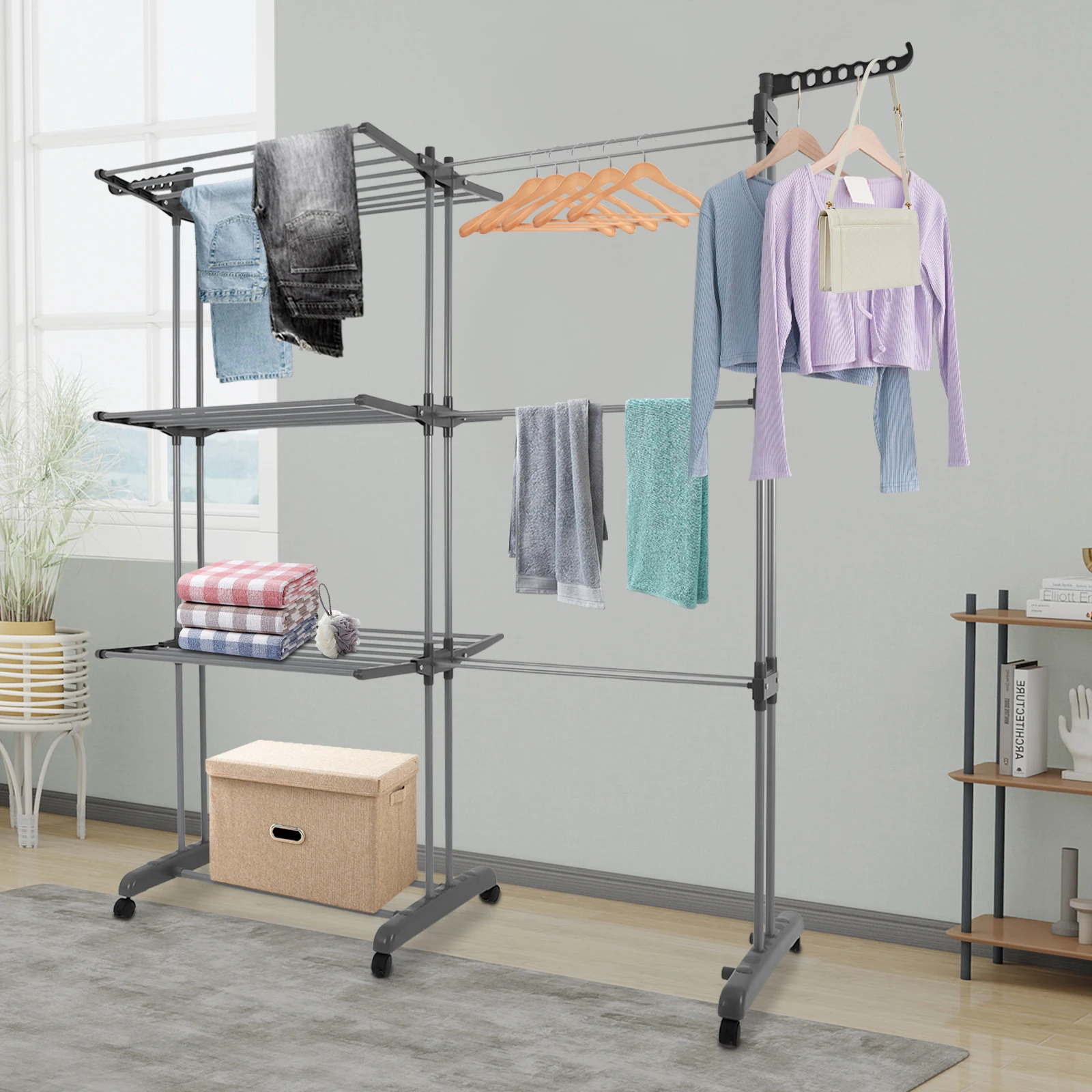 

Grey Carbon Steel PP 151*49*176cm Collapsible Telescopic Clothes Rack 3-layer Double-row Drying Rack Mobile Storage Rack