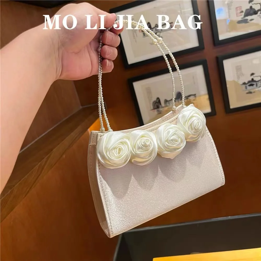 Torebka damska Satin Rose Floral Handmade Square Bag Fashion Pear Beading Evening Bag Wedding Party Clutch Purse Crossbody Bag