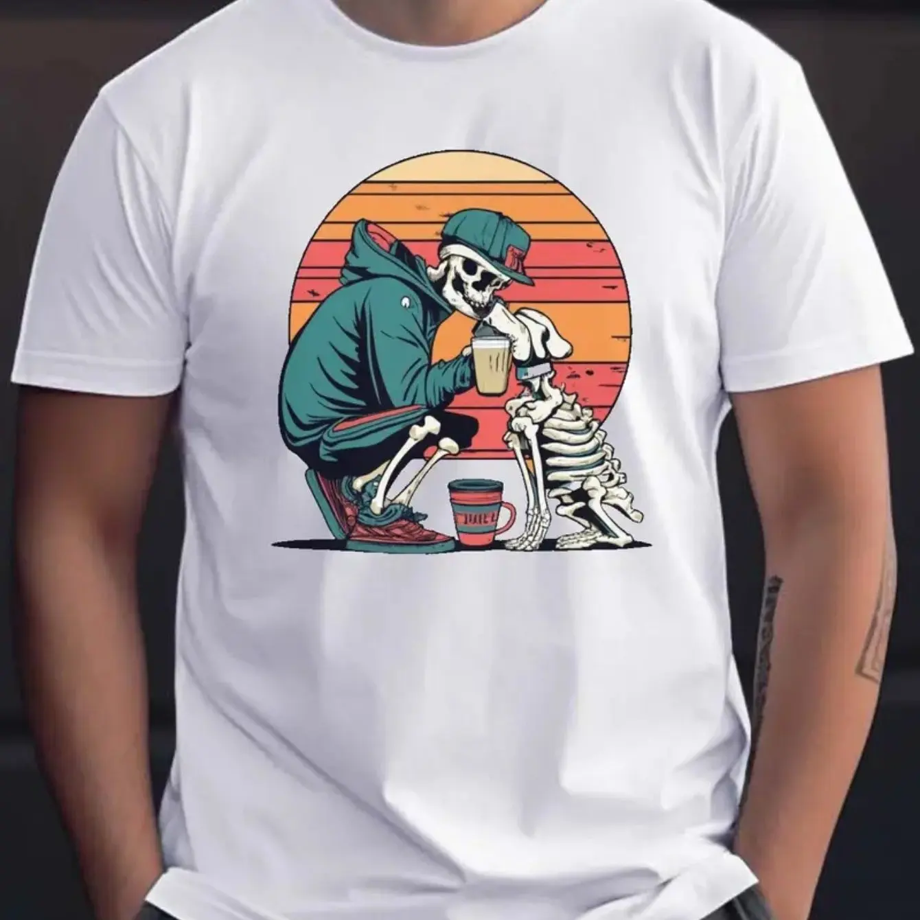 

Модная футболка с креативным графическим принтом и человеческим скелетом для мужчин и женщин, уличная хлопковая футболка с короткими рукавами