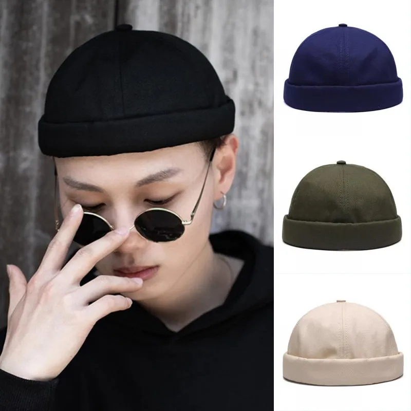 Men Women Retro Dome Melon Streetwear Brimless Beanie Cap Unisex Skullcap Sailor Cotton Trendy Color Elastic Panels Docker Hat