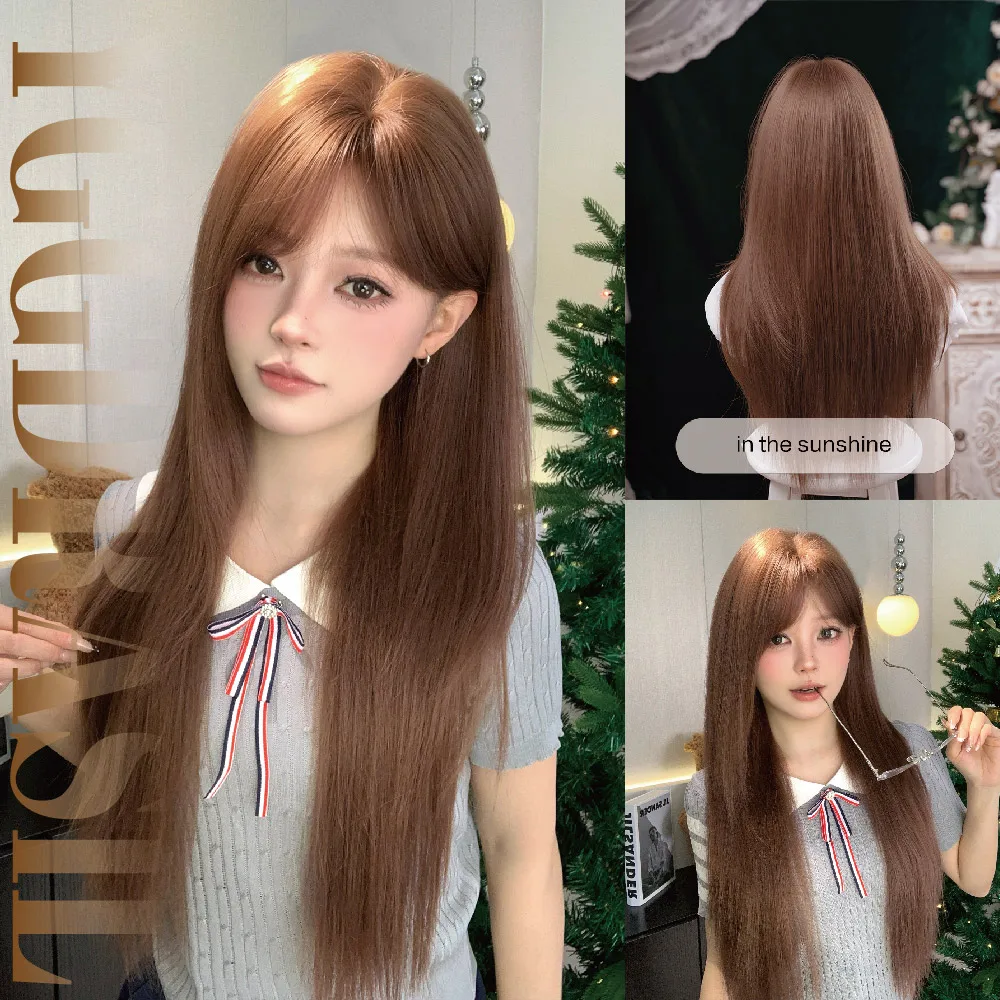 

28Inch Ladylike Style Honey Brunette Synthetic Wigs with Bangs Long Natural Straight Hair Wig For Women Party Heat Resistant