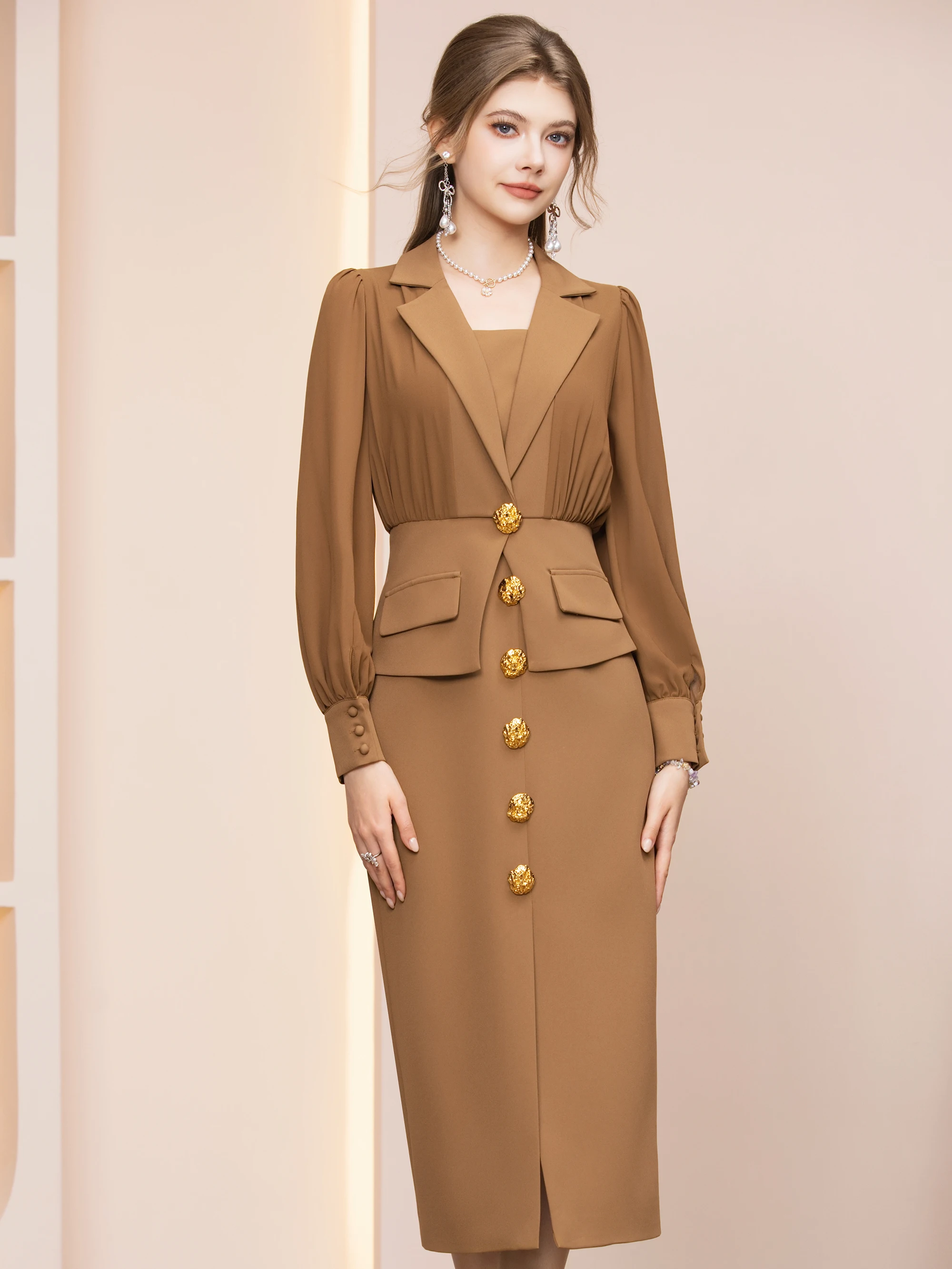 

Chic Khaki High Waist Midi Dress with Suit Collar Spring 2026 New Elegant Pure Color Fitted Skirt for Women City Commute Date...
