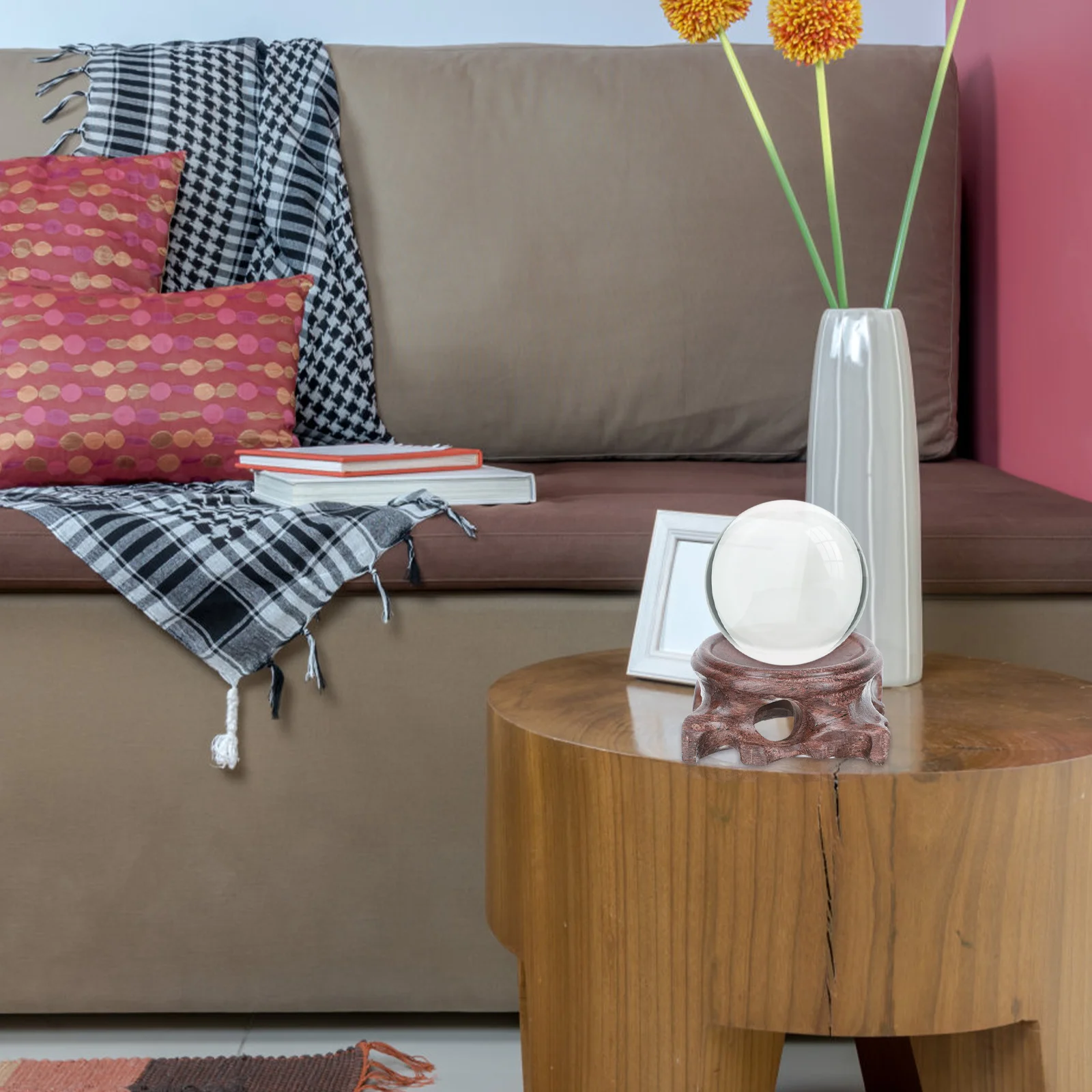 

2Pcs Crystal Balls Wooden Base Style Walnut Pedestal Decorative Display Rack Vintage Desktop Adornment