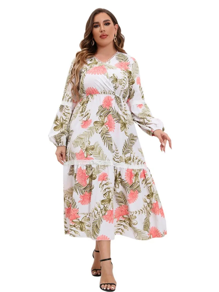 Imagem -05 - Vestido Longo Floral Estampado em Flores Feminino Tamanho Grande Tamanho Grande Plissado Modis Plissado Patchwork em Renda Vestidos com Decote em v Feminino Outono 2023