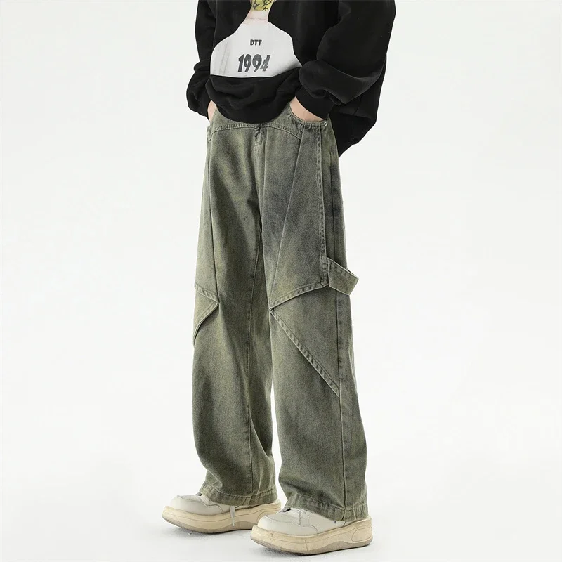 2025 New Hip Hop Wide Leg Jeans For Men Washed Distressed Baggy