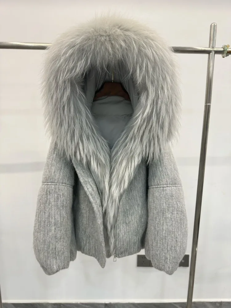 Reality Pelzmäntel Woolen Damen Winter Daunenjacke Pelz Echtmantel Gänsedaunenmäntel & Parkas Echter Waschbärpelz Jacke weiblich