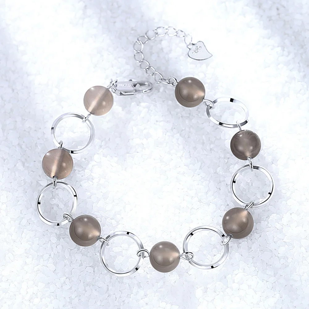 Pulsera de plata de ley S925 para mujer, brazalete de cuentas de cristal de ágata gris Natural, regalo de joyería para fiesta de compromiso