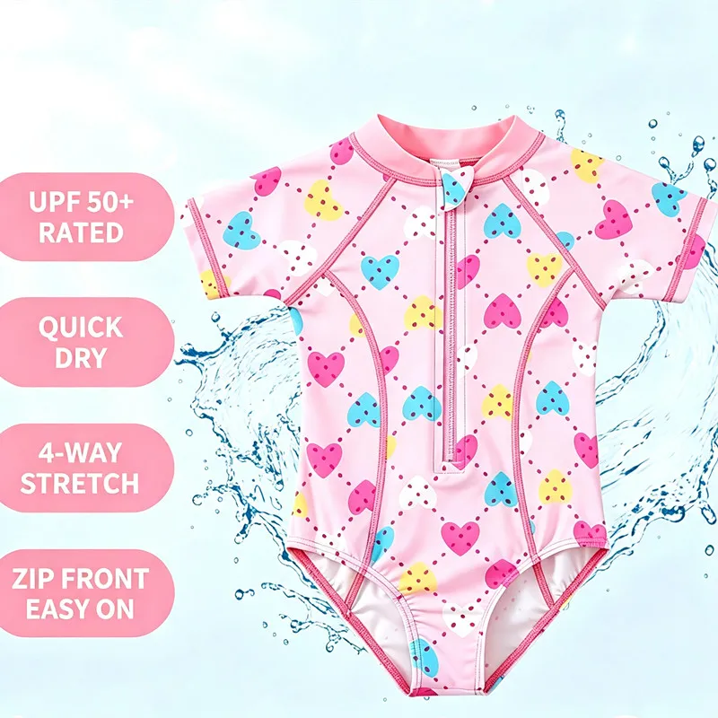Wishere One-piece Swimsuit Printed Bikini Cute Baby Girls' Swimwear Short Sleeves Infant Swimming Suit UPF50+ Sunsuit For Kids