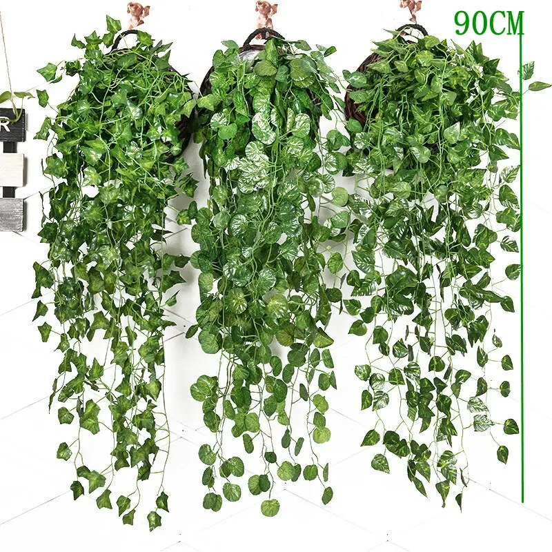 Plantas artificiales, enredaderas para colgar en la pared, enredadera de simulación, colgante de pared, planta verde interior, decoración de pared, flor falsa, planta de ratán