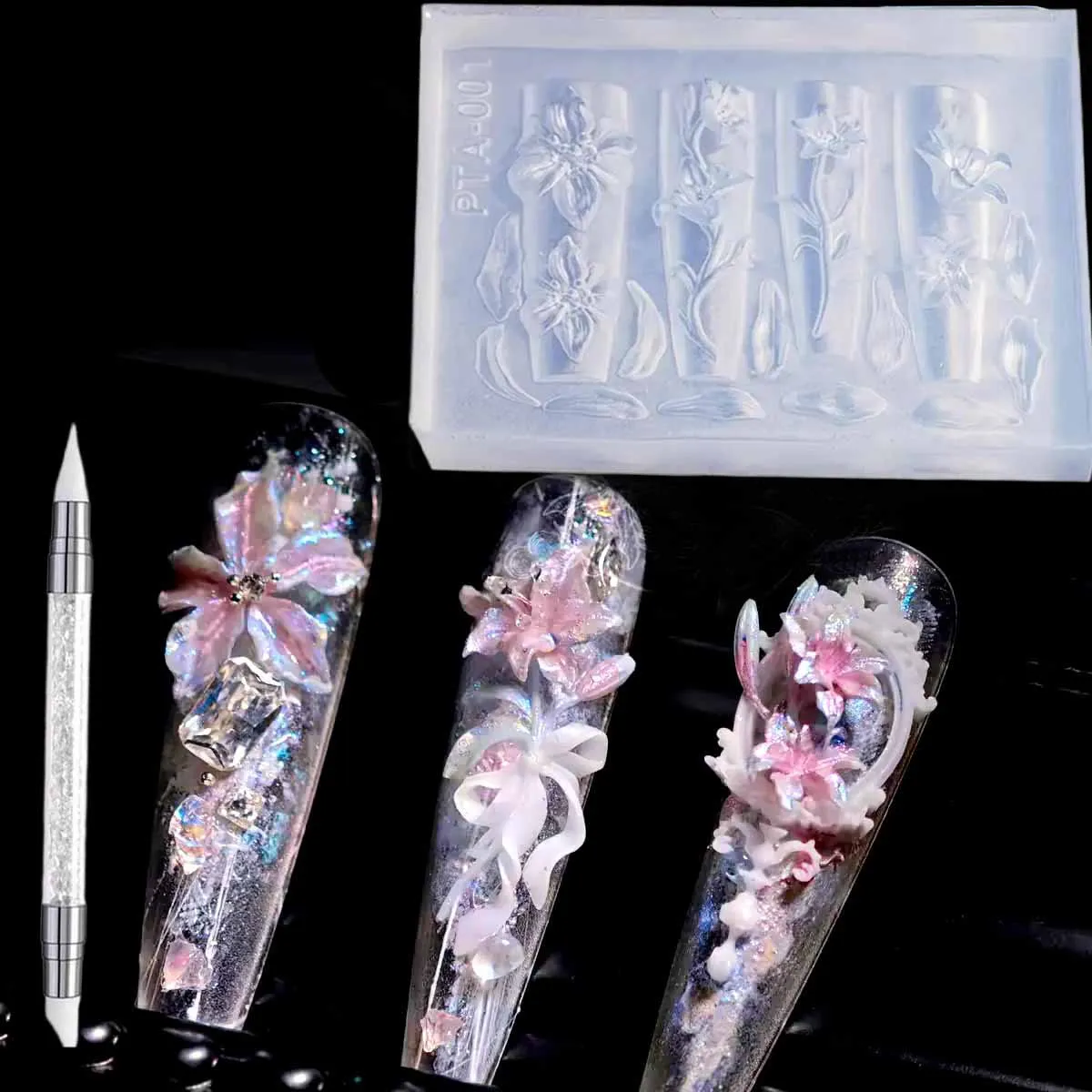 

1pcs 3D Elegant Lily Rose Tulip Flower Nail Charms Mold Resin Mould Floral Nail Carving Template DIY Nail Tool with Carving Pen