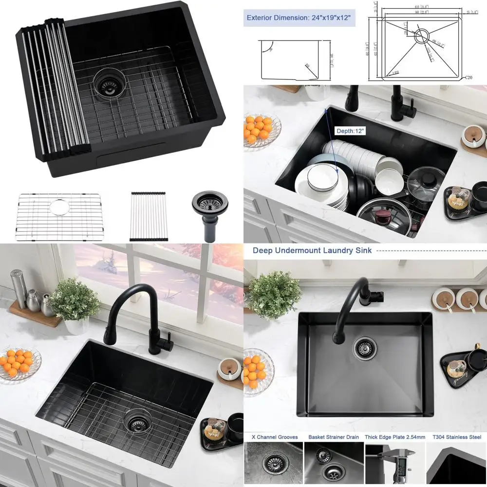 

Matte Black 16-Gauge Stainless Steel Undermount Laundry Sink - Hovheir 24x19x12 Deep Utility Sink
