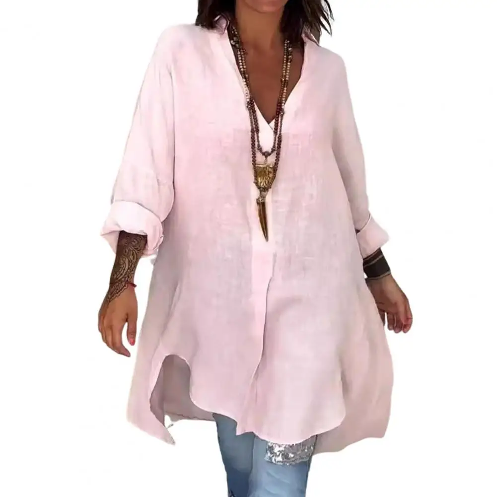 

Women Loose Fit Shirt Elegant V Neck Shirt Dress With Irregular Hem Long Sleeves Pullover Mini Dress For Women For Commute